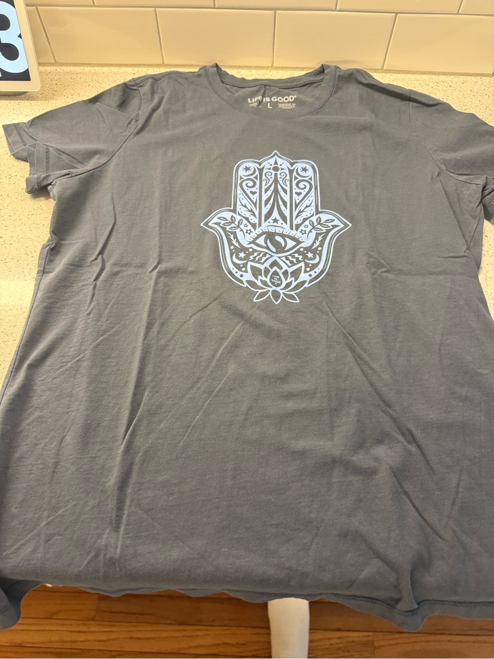 Life is Good Women's Graphic T-Shirt - Gray with Light Blue Hamsa